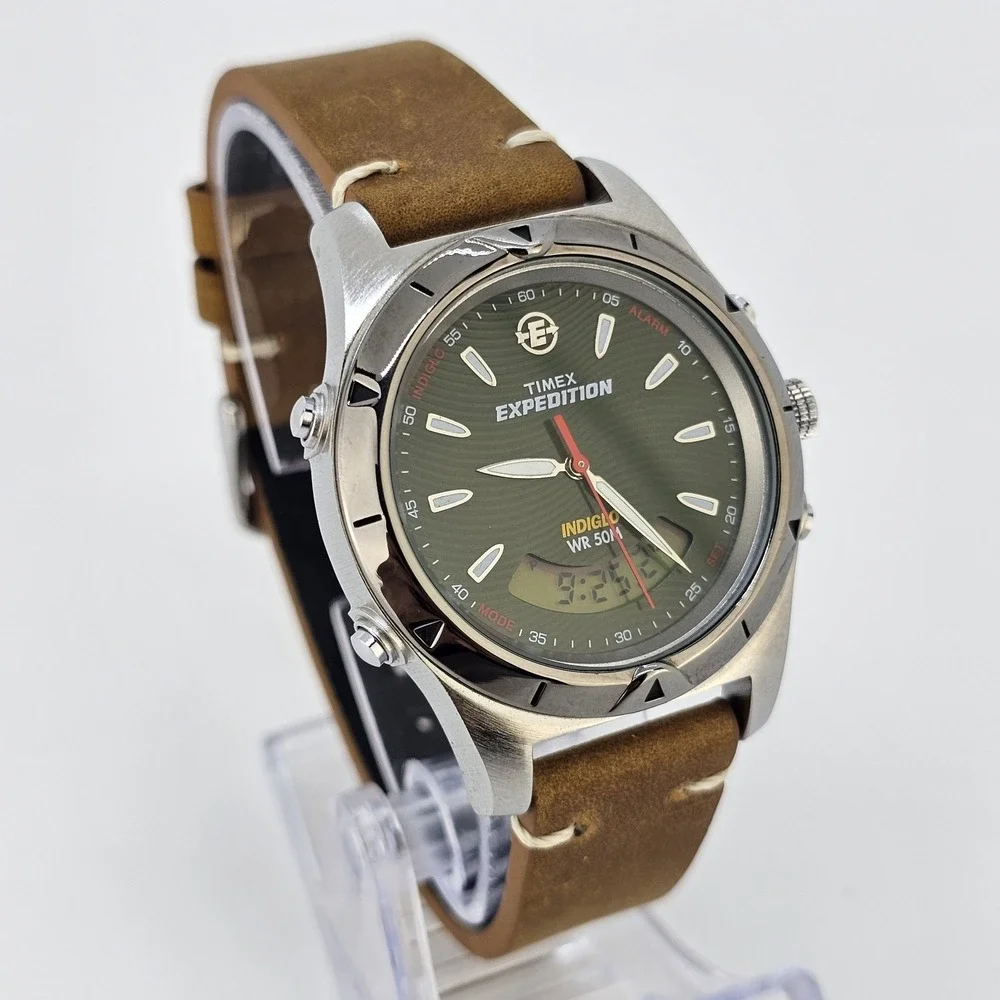 Timex Expedition Ana Dig Men Watch 38MM Green Dial NEW Leather Bands New Battery